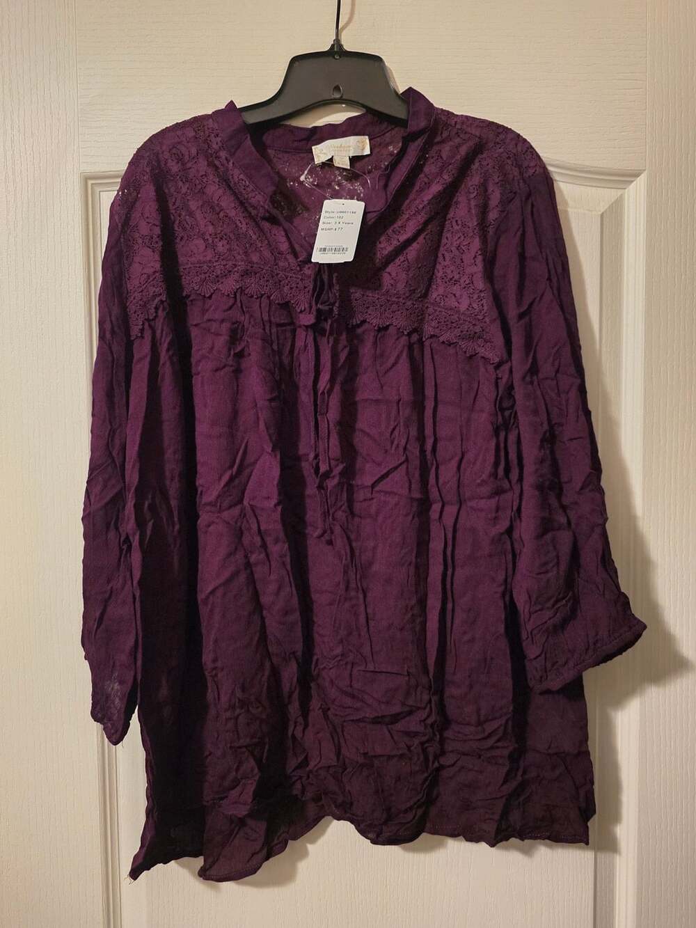 NWT Weekend Suzanne Betro Top Plus Size 3X Purple Lace Yoke 3/4 Sleeve